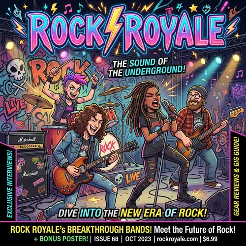 Rock Royale Magazine: Cartoon Cover with Diverse Rock Band Members