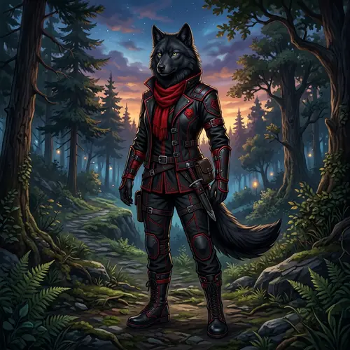 Female Black Wolf Character in Striking Black and Red Outfit