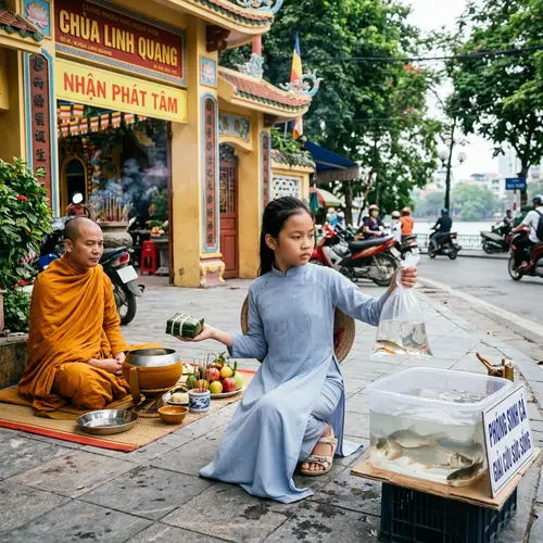 Vietnamese Girl Decision: Food for Monk or Saving Fish