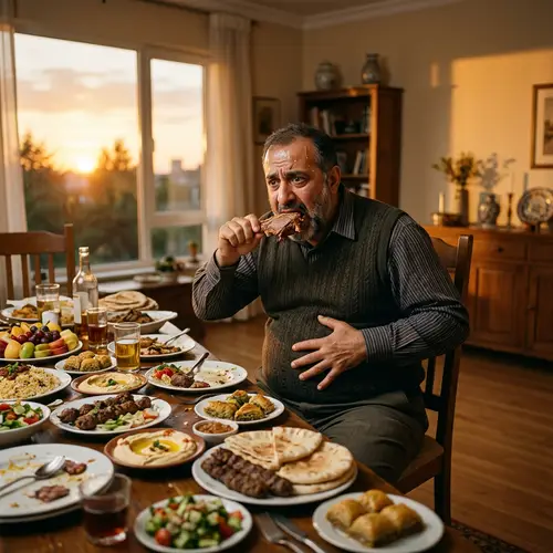 Middle-Eastern Person Experiencing Greed at Table of Abundance