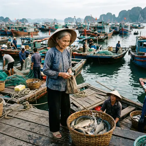 Elderly Vietnamese Woman Contemplating at Harbor | Freeing Live Fish