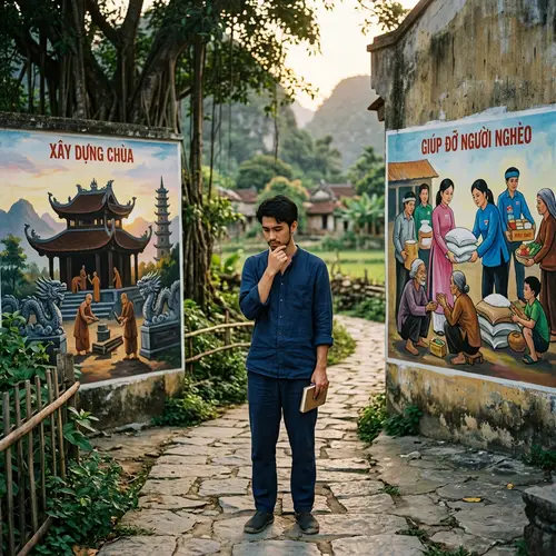 Vietnamese Man Contemplating Temple vs Charitable Work
