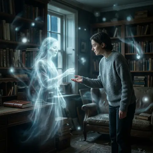 Peaceful Encounter: Person and Ethereal Ghost in Dimly Lit Room