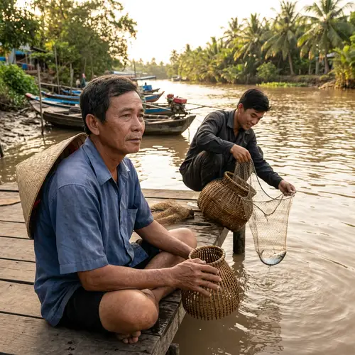 Vietnamese Man Pondering Over Releasing a Fish
