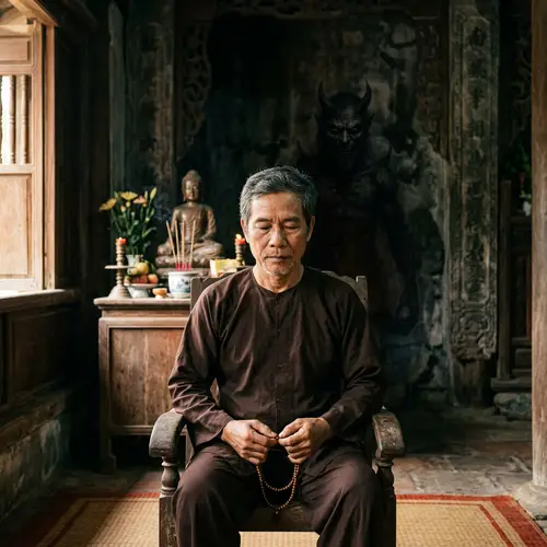 Vietnamese Man Contemplating Buddha's Teachings | Serene Portrait