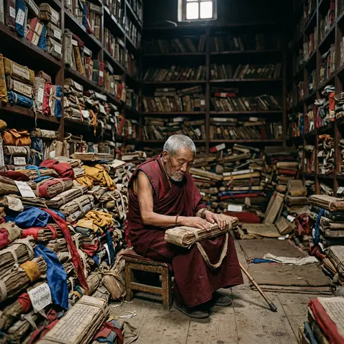 Elderly Blind Man Amidst Buddhist Scriptures