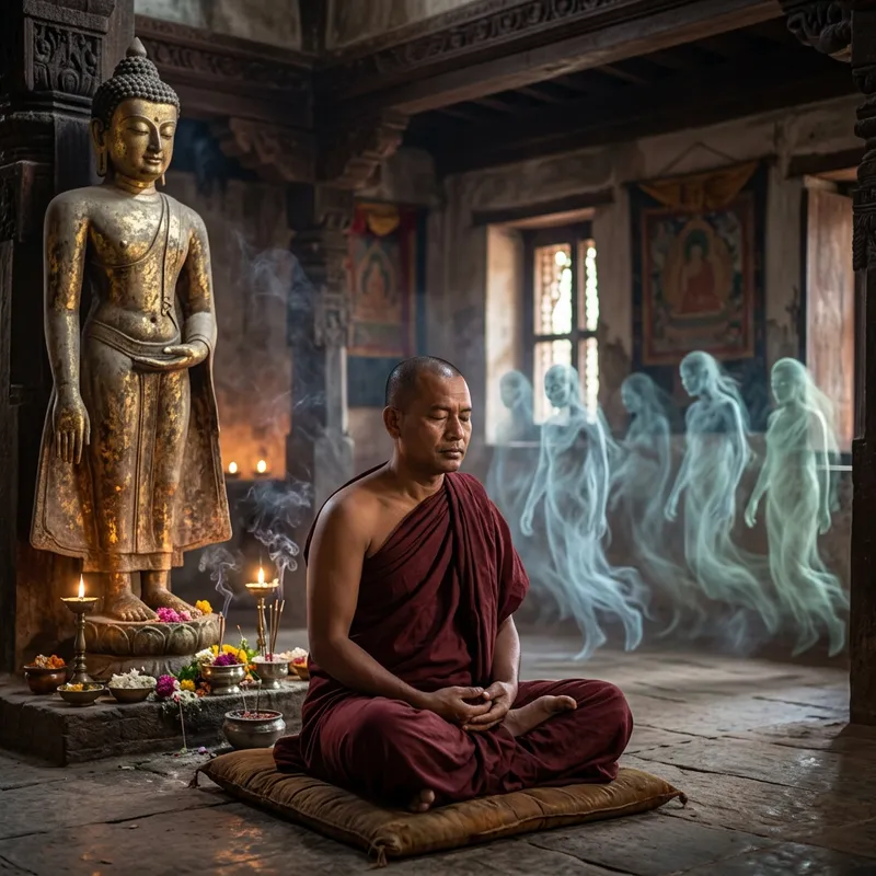 Spiritual Man with Buddha Statue and Ghosts in Meditation Spiritual Man with Buddha Statue and Ghosts in Meditation