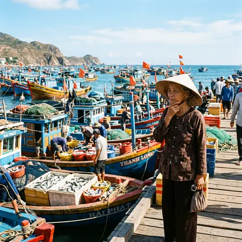Vietnamese Elderly Woman Contemplating at Bustling Harbor