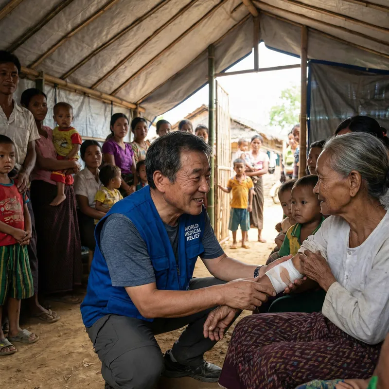 Asian Humanitarian Helping Impoverished, Sick People