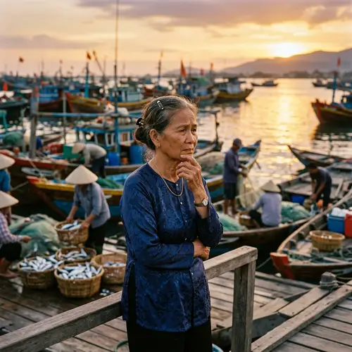 Vietnamese Elderly Woman Contemplating Buying Fish for Release