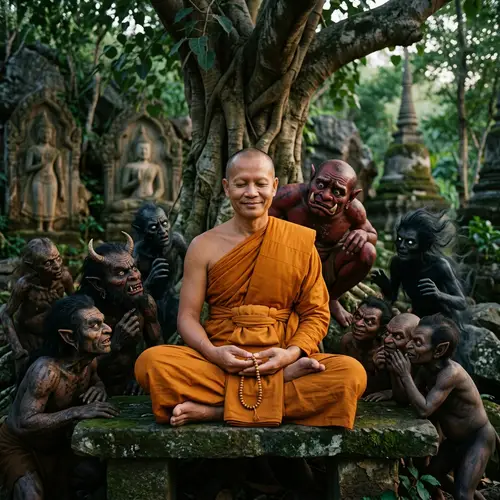 Asian Buddhist Monk Serenely Smiling Among Demons