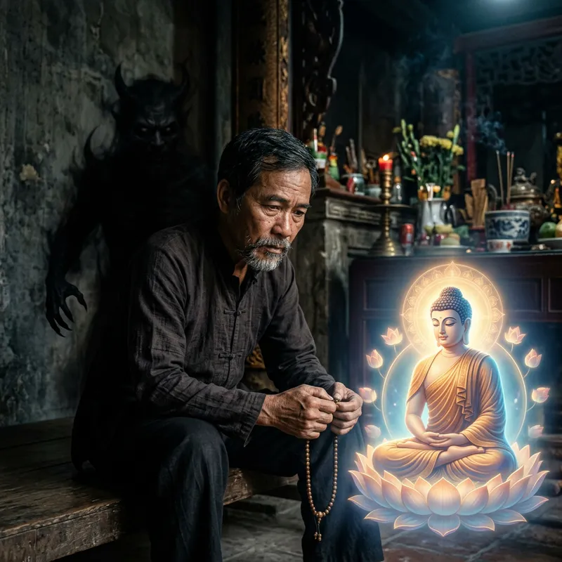 Realistic Portrait of Vietnamese Man Contemplating Buddha and Devil
