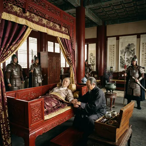 Royal Palace Scene: Sick King with Court Physician and Soldiers