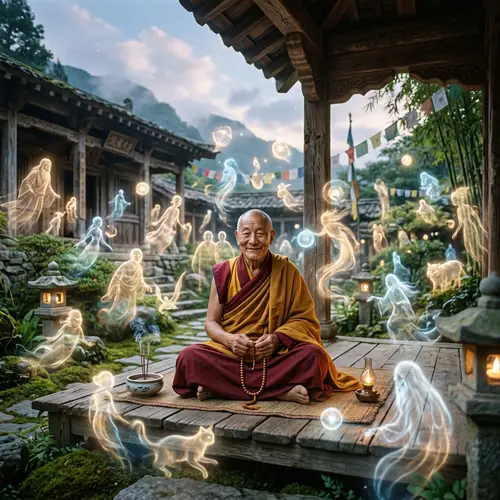 Asian Monk Smiling Serenely Among Spirits | Tranquil Existence