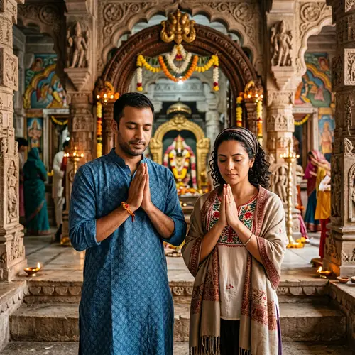 Cultural Diversity: South Asian Man & Hispanic Woman Praying at Temple