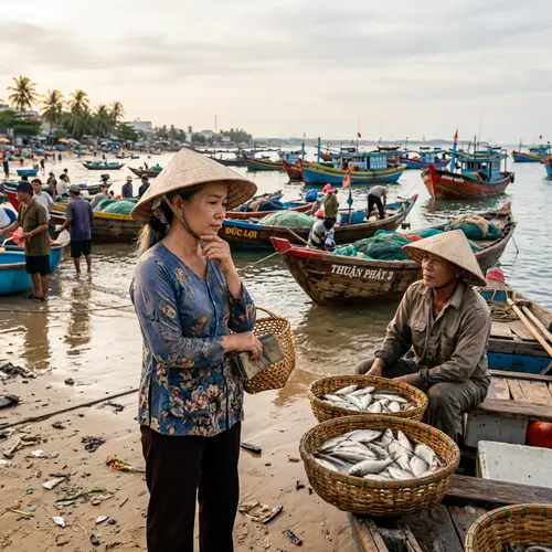 Vietnamese Middle-Aged Woman Contemplating Buying Fish