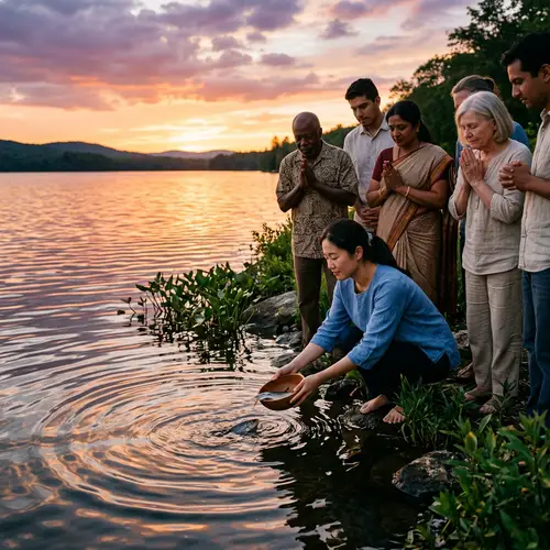 Peaceful Prayer Scene: Releasing Fish in Serene Water
