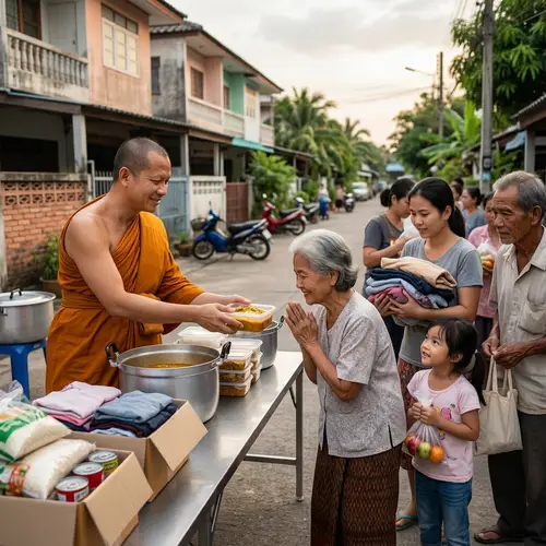 Asian Monk Engaged in Charitable Work for the Poor