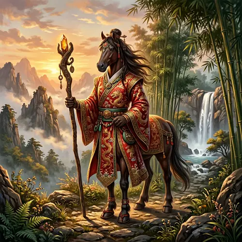 Thien Ma: Mythical East Asian Creature in Red and Gold Robes