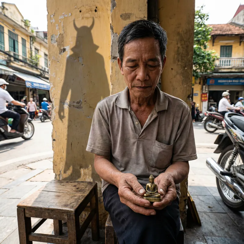 Vietnamese Man Contemplating Buddha and Devil Shadows