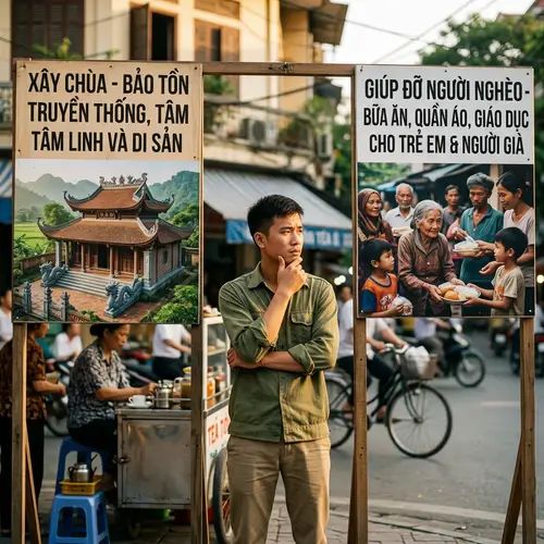 Vietnamese Young Man Contemplates Choices: Temple or Aid?