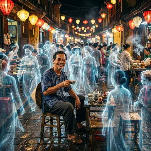 Vietnamese Man Smiling Serenely in an Asian Ghostly Setting