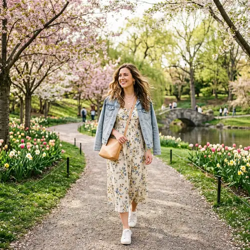 Springtime Park Stroll: Stylish Woman with Wavy Hair
