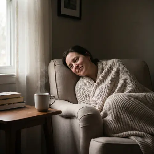 Hopeful Scenes: Peaceful Person in Dimmed Room with Herbal Tea