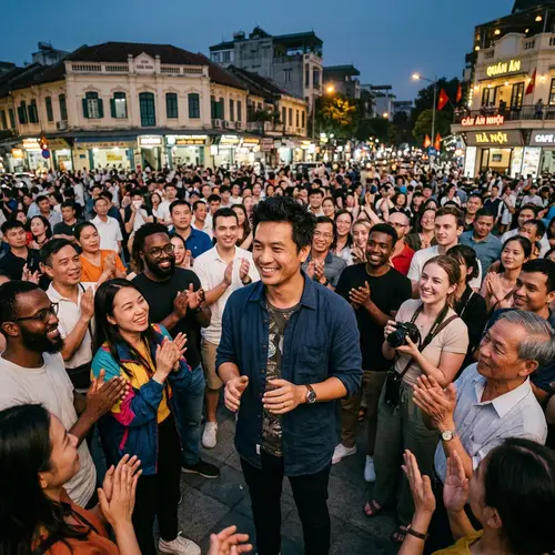 Captivating Photorealistic Portrait of Vietnamese Man Amongst Diverse Crowd