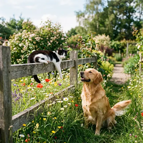 Charming Scene of Tuxedo Cat and Golden Retriever in Serene Setting