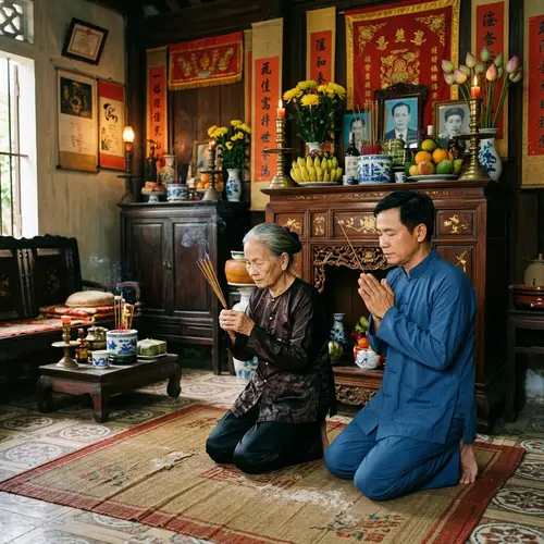 Vietnamese Elderly Woman and Man in Prayer Ritual | Blessings Photo