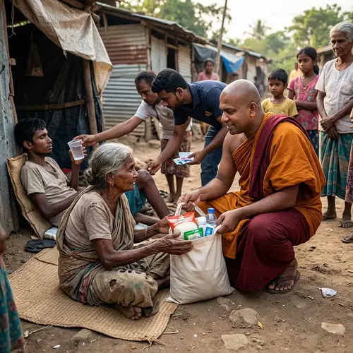South Asian Monk Engaging in Charitable Actions