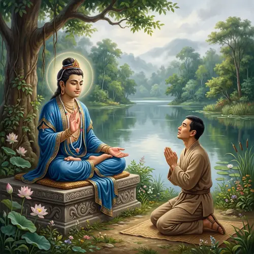 Serene Bodhisattva Blessing Layman in Tranquil Landscape