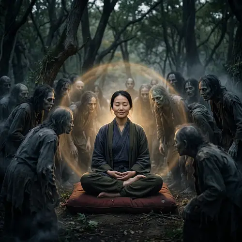 Tranquil East Asian Meditator Amidst Ghoulish Crowd