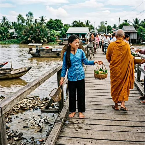 Vietnamese Girl Balancing Food Offering and Fish Saving