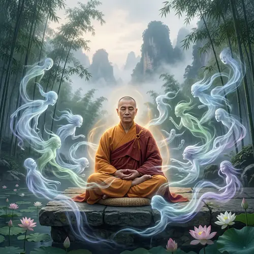 Serene Asian Monk Surrounded by Spirits | Mystical Landscape