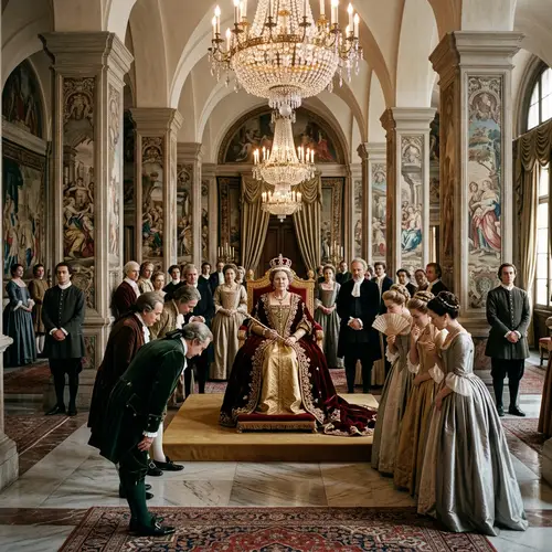 Majestic Monarch in Opulent Throne Room - Courtiers, Servants, Chandeliers