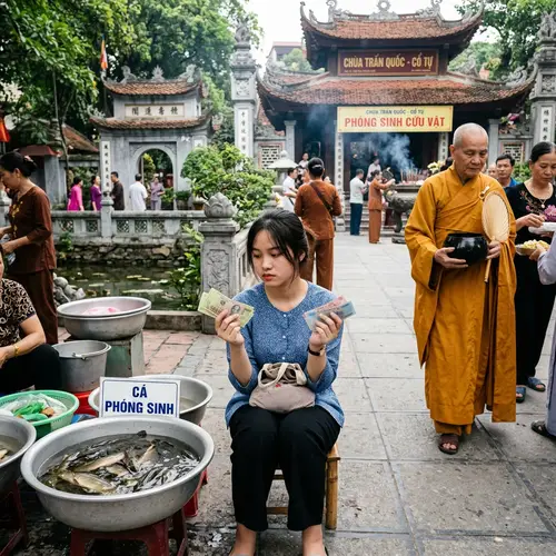 Vietnamese Girl Contemplates Monk Offering or Saving Fish