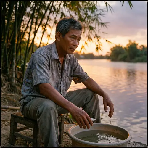 Vietnamese Man Contemplating a Scenario: Fish Set Free But Caught