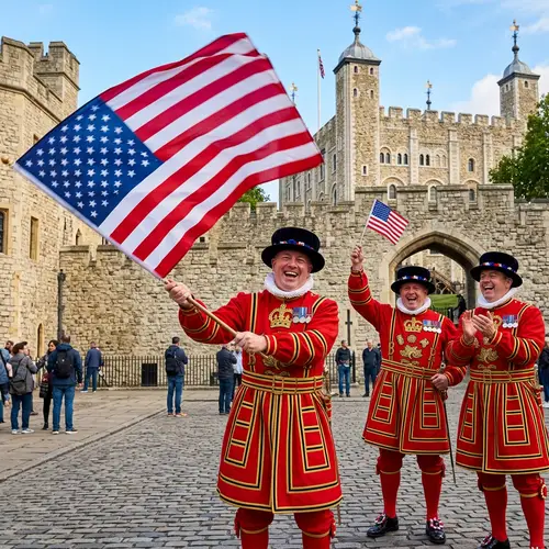 British Beefeaters Celebrating American Flag | Historic Setting