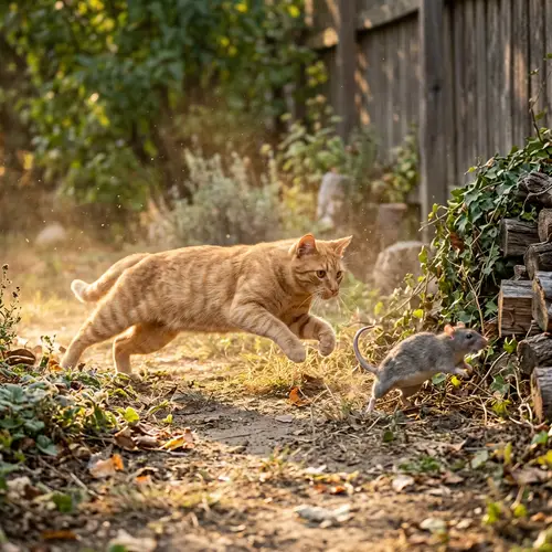 Ginger Cat Chasing Gray Rat | Agile Feline Predator Hunt