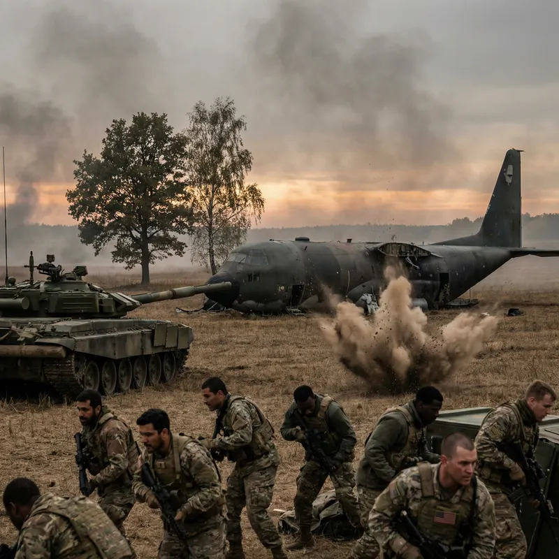 Intense Battlefield: Tank, Soldiers, & Destroyed Plane