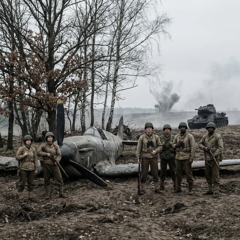 Destroyed Field with Soldiers, Tank, and Explosion Scene