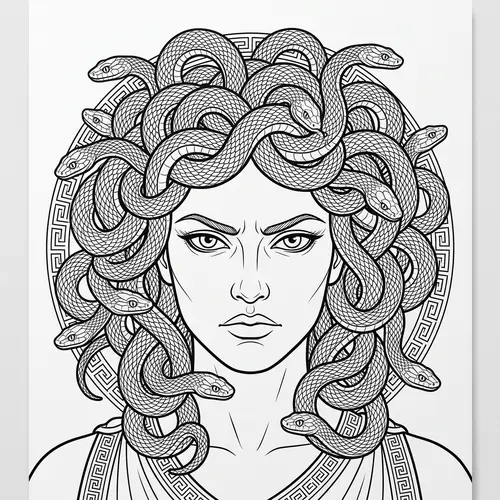 Gorgon Illustration in Line Art Style - Mythological Design