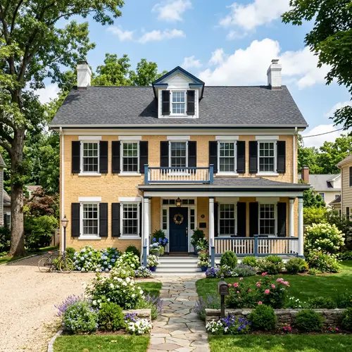 Charming Soft Yellow Brick House with Blue Trim