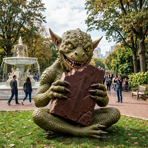 Fantastical Monster Enjoying Dark Chocolate in City Park