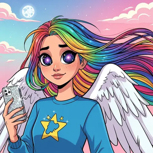 Cartoon Girl with Galaxy Eyes and Rainbow Hair