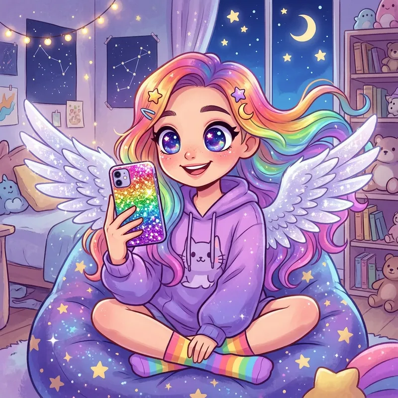 Cartoon Girl with Galaxy Eyes and Rainbow Hair
