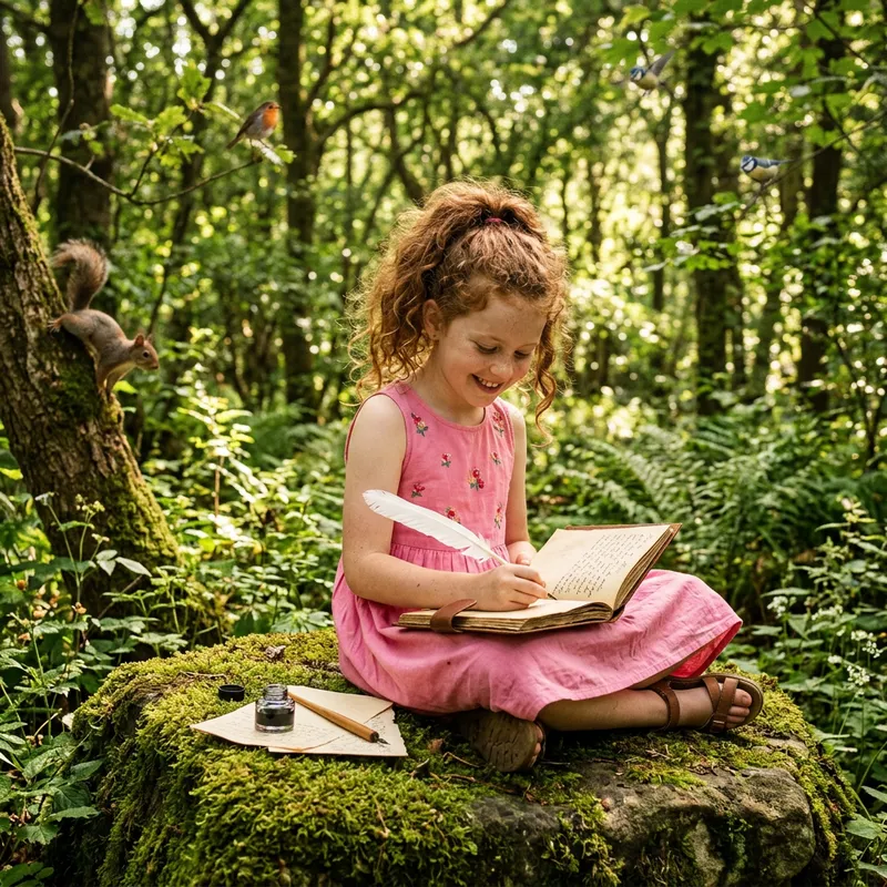Joyful Girl Writing in Forest | Serene Natural Environment