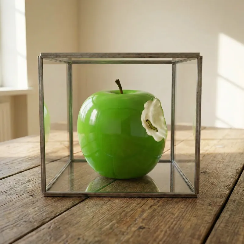 Green Apple in Glass Cage with Worm - Fresh and Bitten Fruit